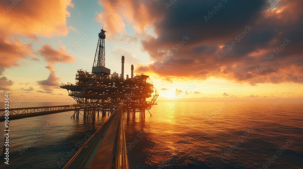 An offshore oil rig is actively pumping oil in the calm ocean, with a stunning sunset illuminating the sky, reflecting energy extraction and natural beauty An offshore oil rig is actively pumping oil in the calm ocean, with a stunning sunset illuminating the sky, reflecting energy extraction and natural beauty
