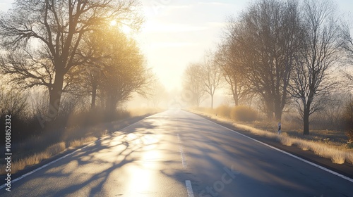 A serene road surrounded by trees, basking in morning light and mist, perfect for evoking tranquility and natural beauty.
