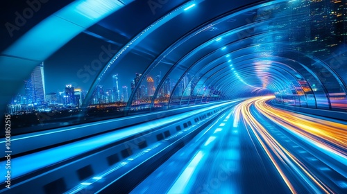 A futuristic tunnel illuminated by vibrant blue lights, showcasing dynamic motion and sleek architecture in a modern cityscape.