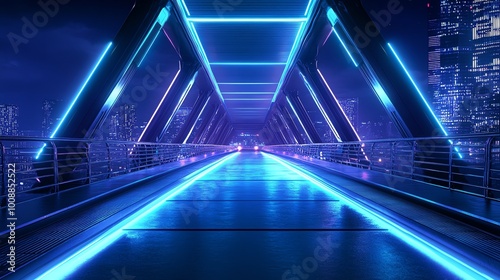 Futuristic bridge illuminated with neon lights, showcasing a vibrant cityscape at night, perfect for technology-themed projects.