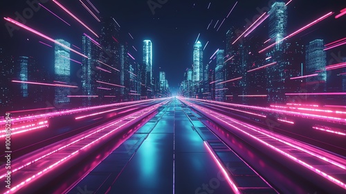 Futuristic cityscape with vibrant neon lights and motion blur, perfect for technology and cyberpunk themes.