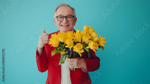 Cadeau et tradition: a scene, a portrait of a happy senior man in a red blazer and glasses, smiling and holding a happy bouquet of yellow flowers. The concept of elegance, poshness. An older. photo