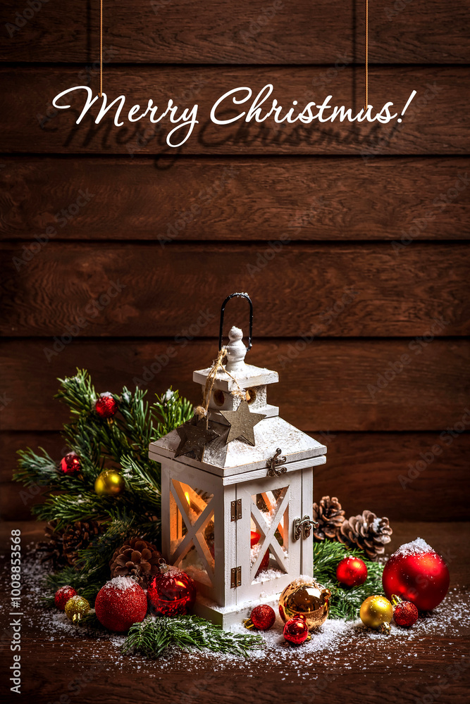 Merry Christmas! Merry Christmas and Happy New Year. Wooden lamps with candles, Christmas tinsel, fir branches and snow on a dark wooden background