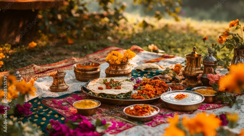 Fototapeta premium Traditional Indian Feast on Outdoor Picnic Setup
