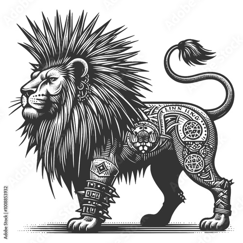 punk-style lion with mohawk, body tattoos, spiked accessories, showcasing a bold and rebellious look sketch engraving generative ai vector illustration. Scratch board imitation. Black and white image. photo