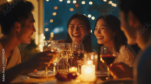 Group of Cheerful Asian friends enjoy dinner party together at home photo