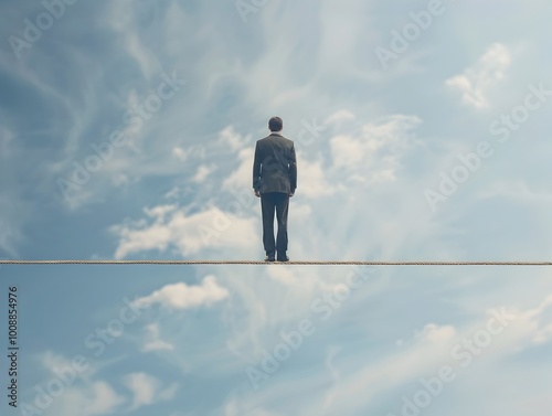 Businessman Balancing on Tightrope Approaching Goal in the Sky with Copyspace