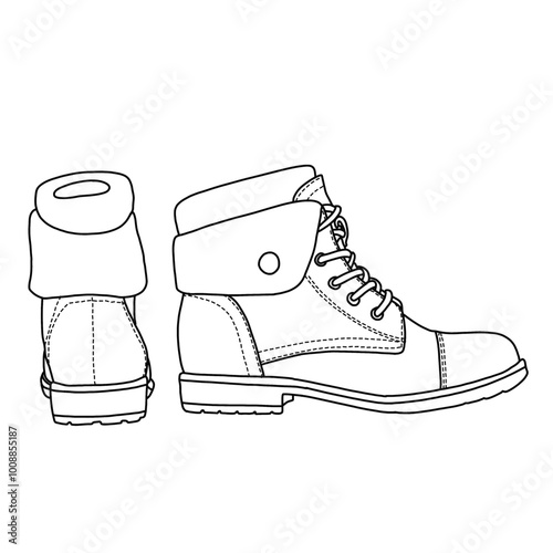 Women's lug sole mid heel ankle bootie double elastic gore shoes Line art, Technical sketch hand drawing outline vector doodle illustration side and rear view isolated on white background