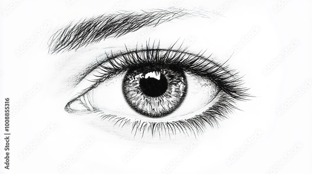 Obraz premium Close-Up of an Eye on a White Background,This striking image features a detailed close-up of an eye, showcasing the intricate patterns and colors of the iris against a clean, white background. 