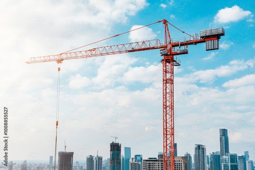 Construction crane against a vibrant city skyline and blue sky. Construction crane against a vibrant city skyline and blue sky.