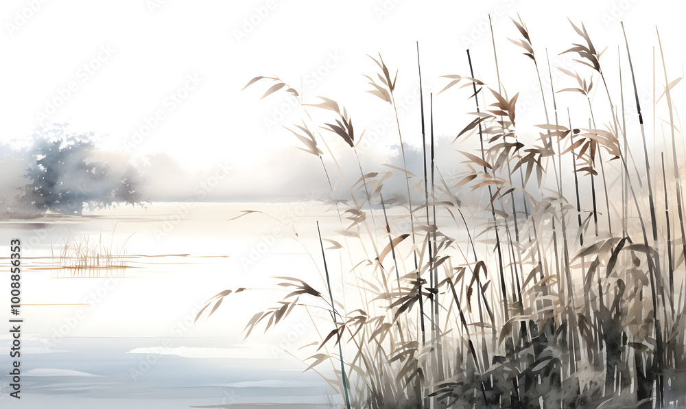 The motif of the painting includes reeds among the wetlands on the shore of the pond. Japan traditional sumi-e painting The motif of the painting includes reeds among the wetlands on the shore of the pond. Japan traditional sumi-e painting