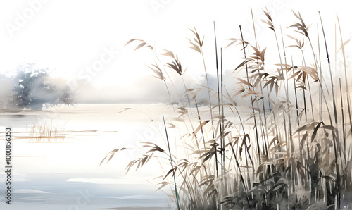 The motif of the painting includes reeds among the wetlands on the shore of the pond. Japan traditional sumi-e painting