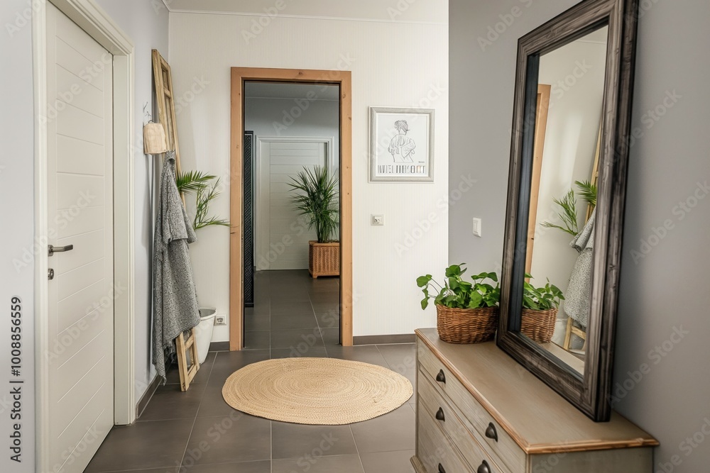 Fototapeta premium Stylish hallway with big mirror, chest of drawers. Contemporary interior design style. Comfortable, elegant corridor with modern furniture. Beautiful, spacious room decor. Cosy, luxurious entrance