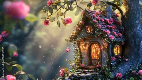 Enchanting Fairy House Surrounded by Blooming Rose Flowers,This whimsical image features a charming fairy house nestled among a vibrant display of blooming rose flowers. 