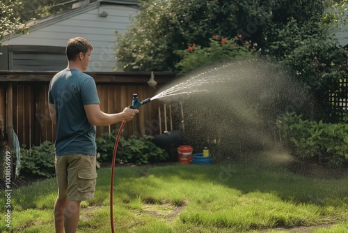 Man waters lawn with hose in backyard. Adult caucasian male tends to garden with irrigation equipment. Fresh green grass. Gardener uses plastic hose to pour water on lawn. photo