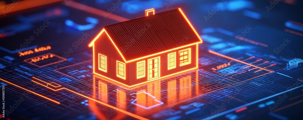 Digital house model on circuit board background, glowing lights, modern technology theme. Digital house model on circuit board background, glowing lights, modern technology theme.