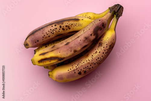 Close-up of a bunch of ripe bananas with dark spots on a pink background. The bananas are overmature with brown skin, some with visible bruises. Fresh fruit bunch in top view.