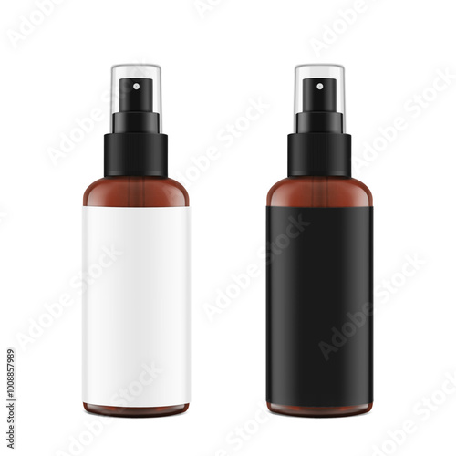Realistic spray brown bottles mockup with white and black labels. Vector illustration isolated on white background. Сan be used for loss sprays, cosmetic, medical, and other needs. EPS10.