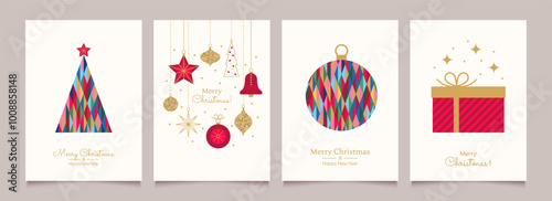 Merry Christmas and Happy New Year Set of greeting cards, posters, holiday backgrounds.