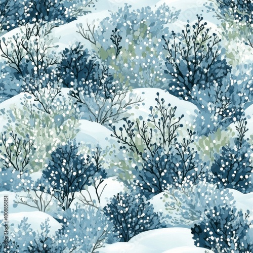 Winter Wonderland: Snow-Covered Bushes in Serene Landscape