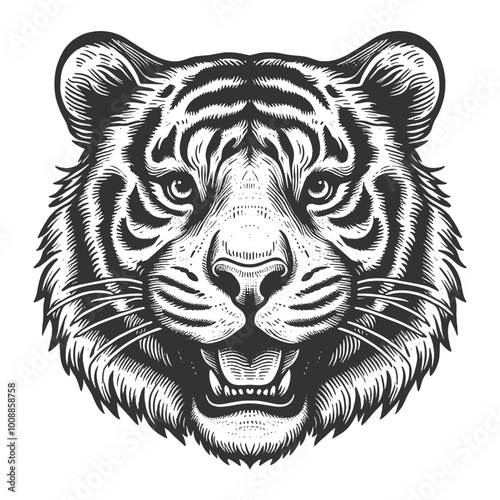 Friendly happy smiling tiger face sketch engraving generative ai vector illustration. Scratch board imitation. Black and white image.