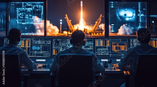 A team of engineers closely observes a rocket launch from a control room, surrounded by multiple screens showing mission details as the rocket ascends into the night sky