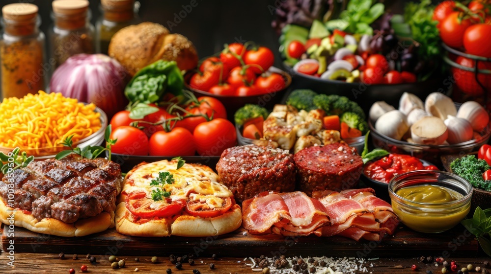 A rich spread of fresh tomatoes, burgers, cheese, bacon, and an assortment of vegetables, highlighting a delicious and colorful Mediterranean-inspired feast.
A rich spread of fresh tomatoes, burgers, cheese, bacon, and an assortment of vegetables, highlighting a delicious and colorful Mediterranean-inspired feast.
