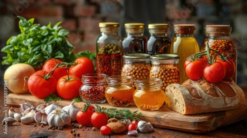 A rustic spread of tomatoes, garlic, bread, and jars of oils and pickled vegetables, creating a colorful and fresh display of Mediterranean ingredients.