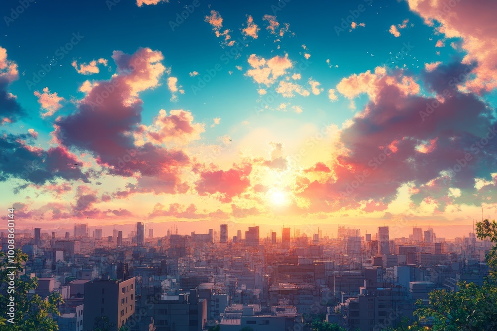 Obraz premium An anime cinematic scene blending urban and suburban landscapes with natural elements and fantasy architecture, creating an exciting adventure in a visually captivating world