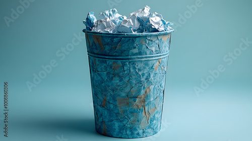 A Photograph of an Empty Paper Trash Can with Crumpled Papers Around It 