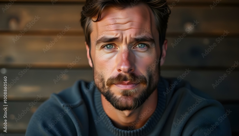 A Caucasian man with a full beard and striking blue eyes wearing a cozy knitted sweater in a rustic setting A Caucasian man with a full beard and striking blue eyes wearing a cozy knitted sweater in a rustic setting