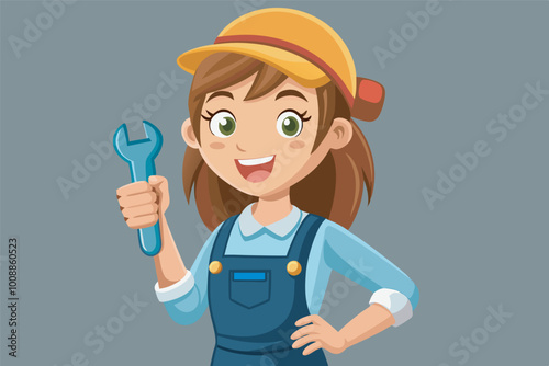 Cheerful female mechanic in blue uniform with yellow hat, green eyes, and red lips. Ready to work with a wrench in hand, exuding confidence.