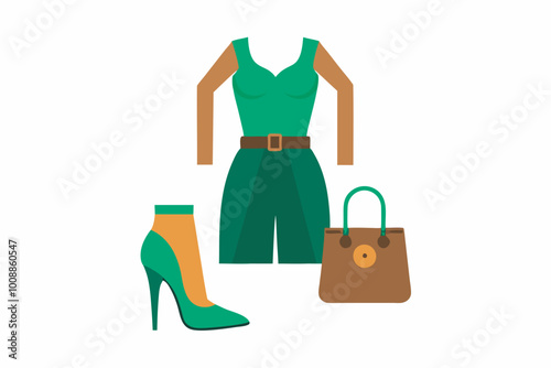 Stylish ensemble: light green dress with brown accessories, green ankle booties with yellow heel, and well-coordinated yellow socks, elegantly displayed.