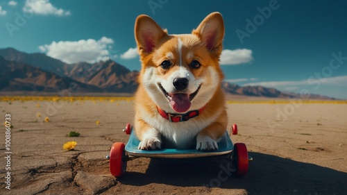 Dog on lying on a skating board in the beach facing the camera with tongue hanging out on with the mountain in the background 