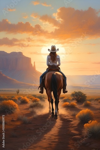 A cowgirl riding a horse on a mountainous desert valley during sunset from behind