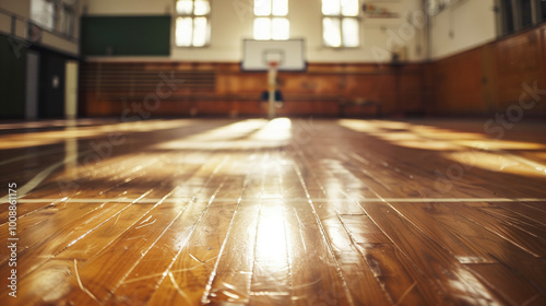 Wallpaper Mural Sunlit Wooden Basketball Court Interior with Reflective Polished Floor and Hoop in Background. Torontodigital.ca