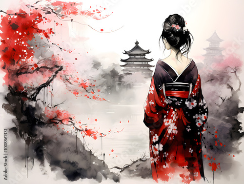 Japanese girl in traditional clothes - kimono. A geisha walks in the Japanese Garden and observes the temple buildings in the distance. Japan traditional sumi-e painting.