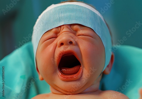 A cute baby yawning, wearing a cozy hat, in a serene indoor setting, capturing the essence of innocence and tranquility. photo