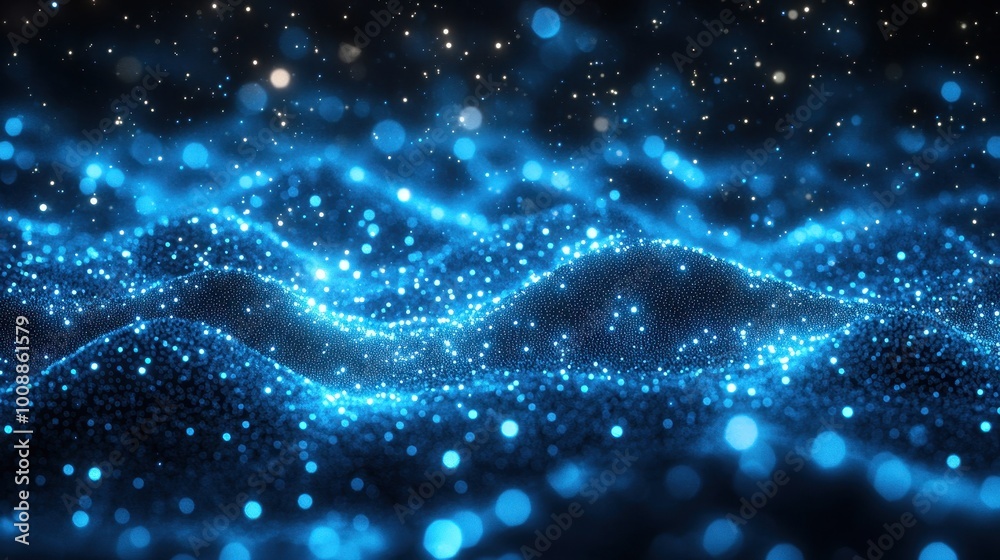 Abstract Digital Landscape with Glowing Blue Particles and Bokeh Effect in a Futuristic Night Sky Setting Abstract Digital Landscape with Glowing Blue Particles and Bokeh Effect in a Futuristic Night Sky Setting