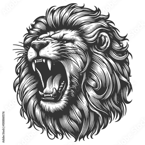 roaring lion animal sketch engraving generative ai fictional character vector illustration. Scratch board imitation. Black and white image.