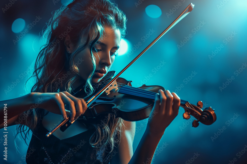 Fototapeta premium Dramatic scene of a woman playing violin on stage with expressive lighting in a classical musical performance.