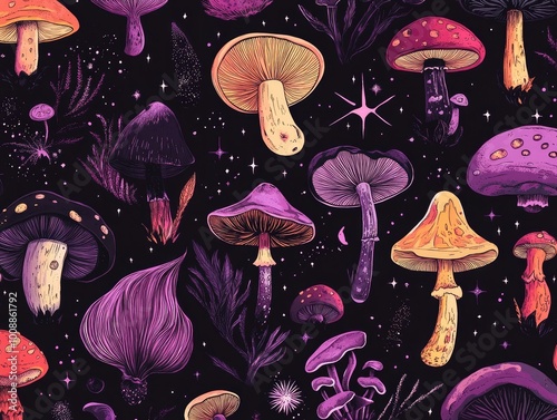 Hand-Drawn Neonpunk Mushroom and Star Pattern in Violet and Black with Mystic Mechanisms photo