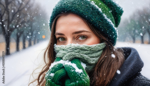 A woman wearing a green hat and scarf is standing in the snow