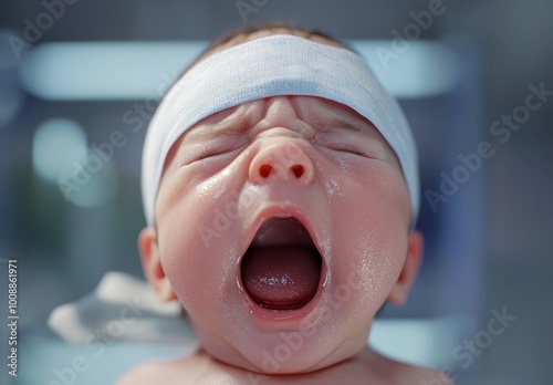 A cute baby yawning, wearing a cozy hat, in a serene indoor setting, capturing the essence of innocence and tranquility. photo