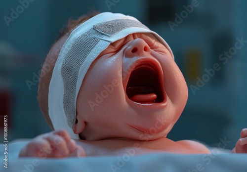 A cute baby yawning, wearing a cozy hat, in a serene indoor setting, capturing the essence of innocence and tranquility. photo