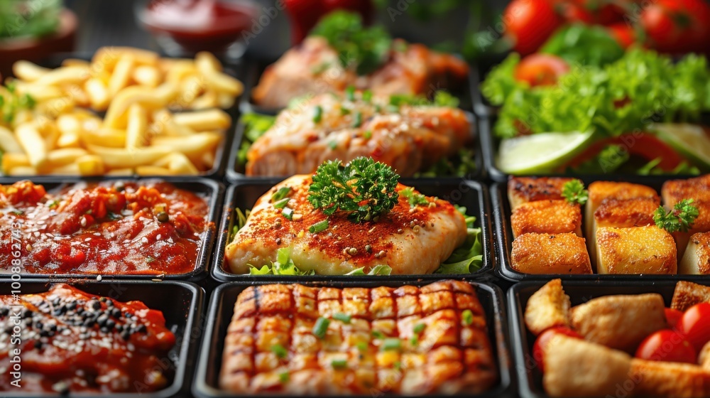A rich assortment of grilled chicken, crispy fries, and savory sides served in black trays, highlighting a delicious combination of flavors and textures.
A rich assortment of grilled chicken, crispy fries, and savory sides served in black trays, highlighting a delicious combination of flavors and textures.