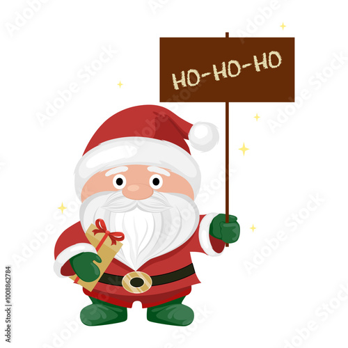 Cute Santa with Gift and Ho Ho Ho Sign