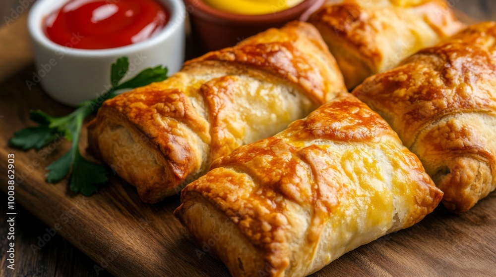Golden Pastries with Dipping Sauces on Wooden Board Golden Pastries with Dipping Sauces on Wooden Board