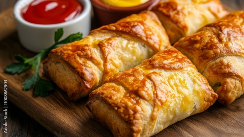 Golden Pastries with Dipping Sauces on Wooden Board