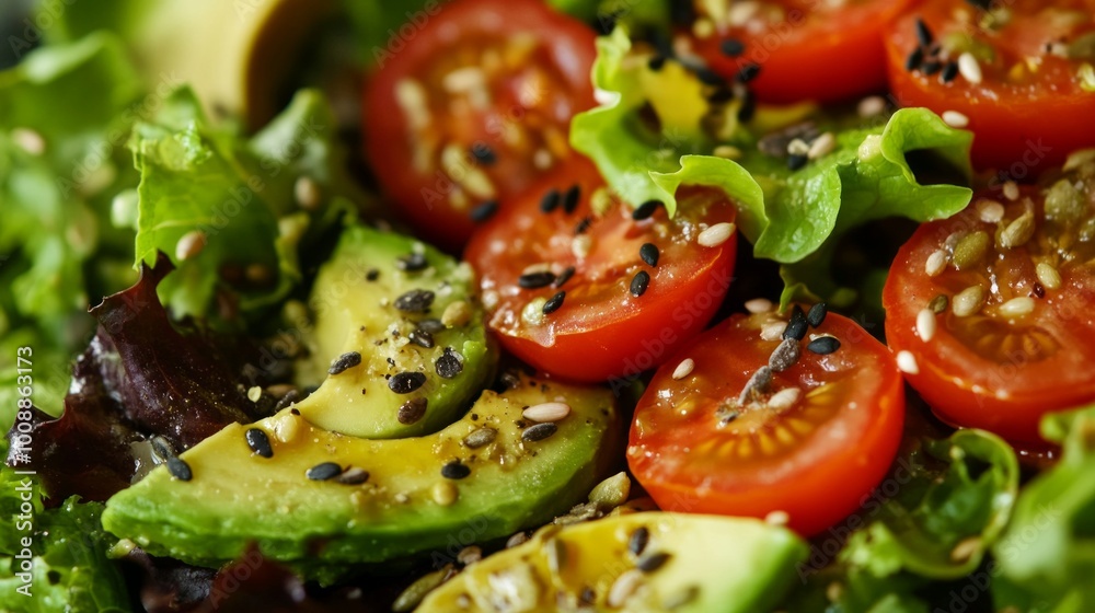 A close-up of a colorful vegan salad with fresh greens, avocado slices, tomatoes, and seeds, symbolizing the growing trend of healthy eating and plant-based diets. A close-up of a colorful vegan salad with fresh greens, avocado slices, tomatoes, and seeds, symbolizing the growing trend of healthy eating and plant-based diets.